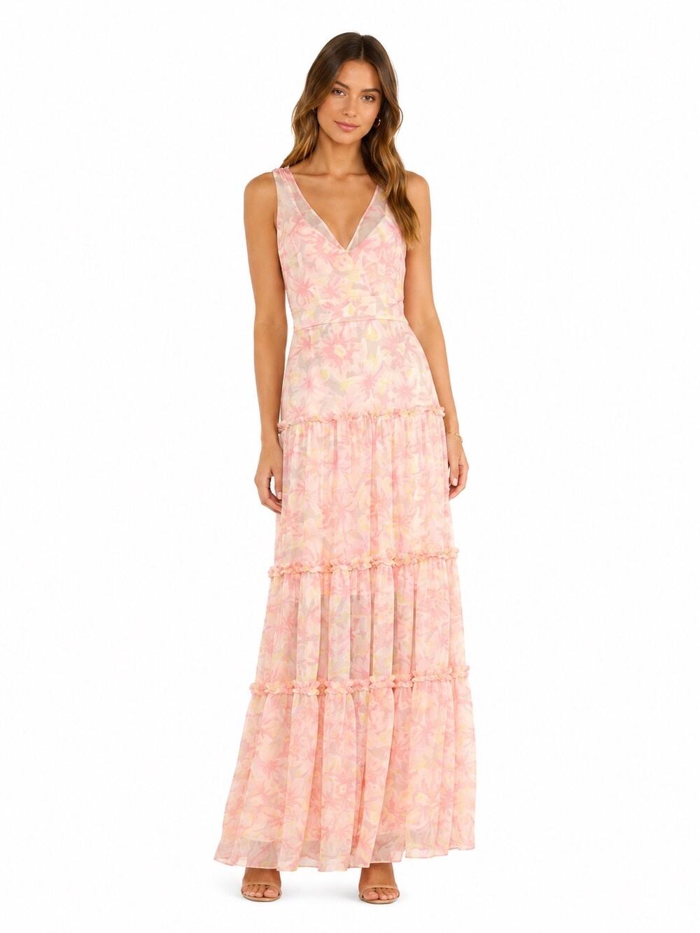 LIKELY Rachel Tiered Long Maxi Dress Gown Peach Multi